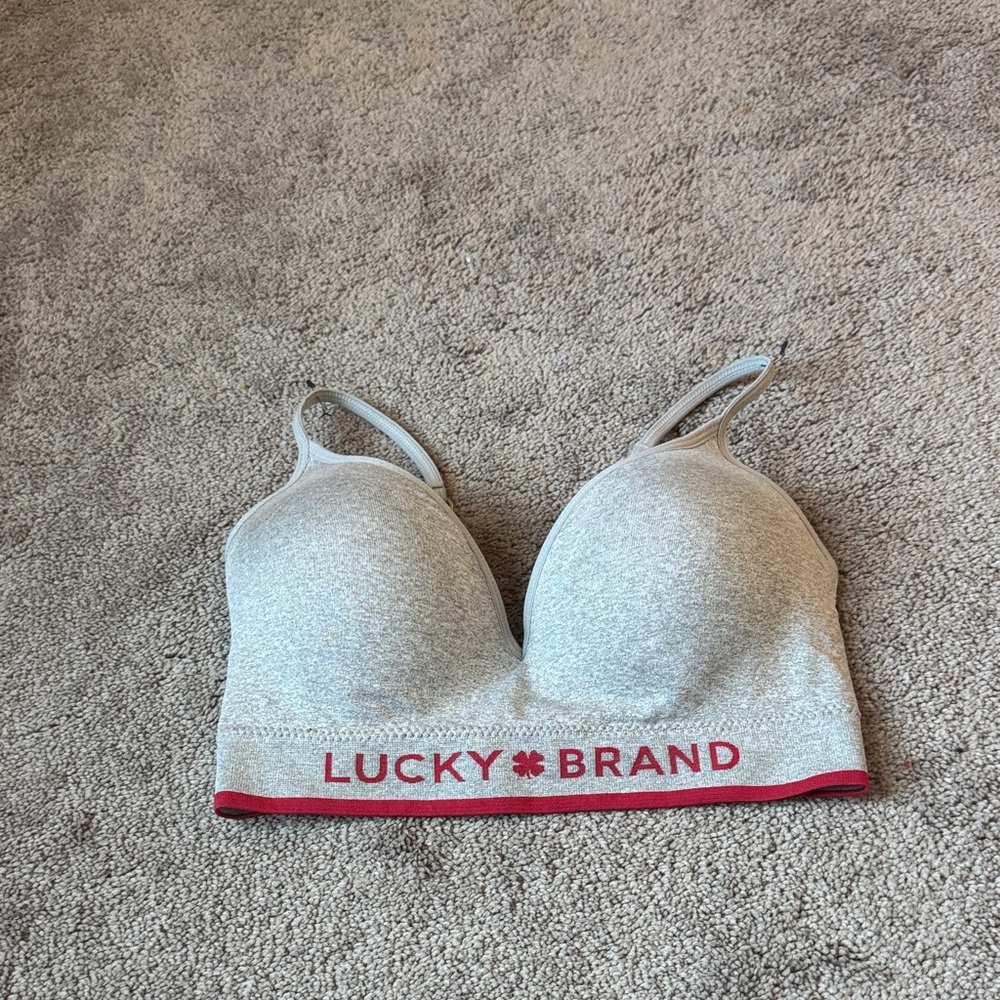 Lucky Brand Gray Wireless Bralette SIZE 34C Stretch Lounge Bra Pink Logo